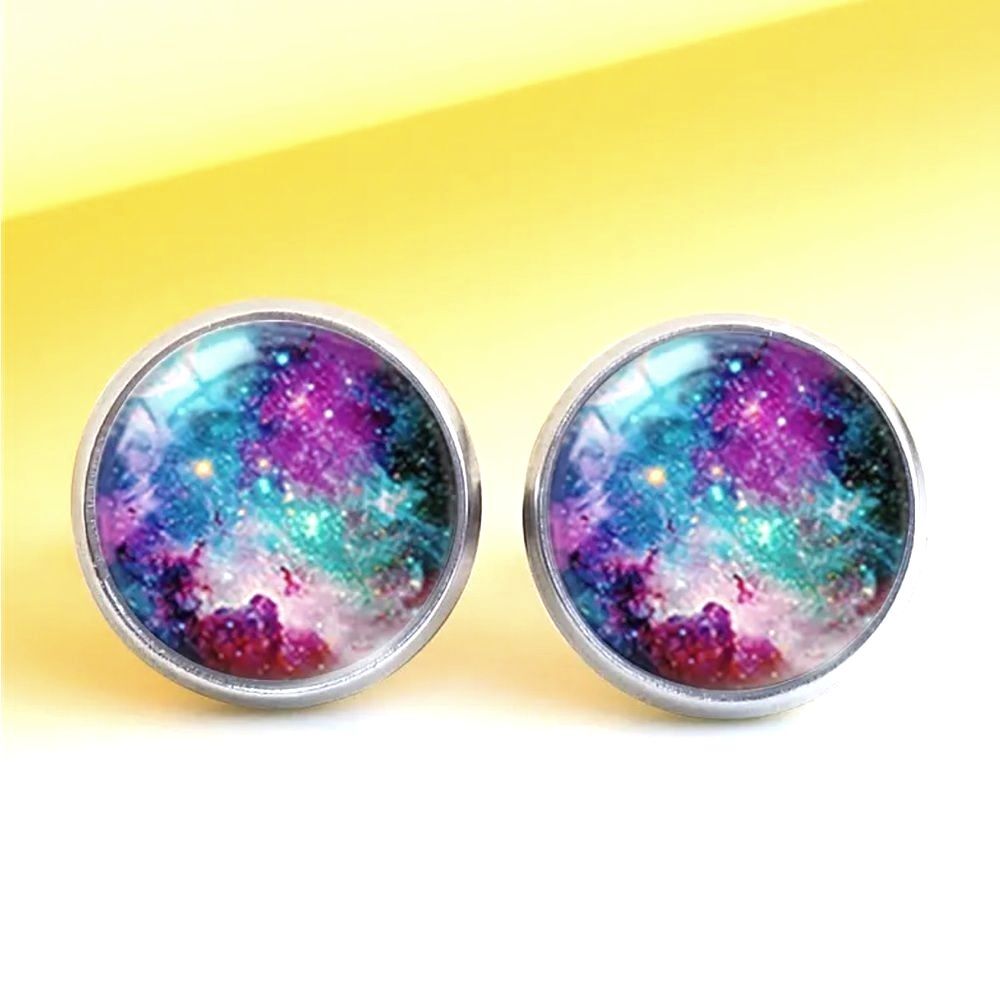 Far Far Away stainless steel round stud earrings galaxy space silver new gift
